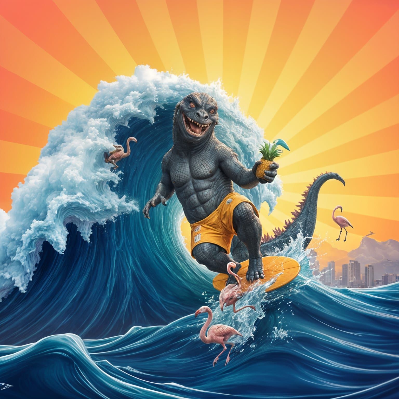 Godzilla Rides Majestic Wave in Vibrant Surf Shorts
