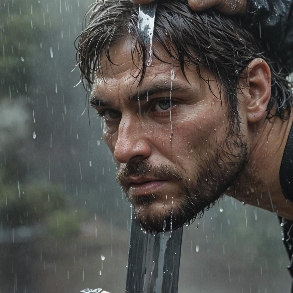 Epic Longsword Slices Raindrops in Hyperrealistic Detail