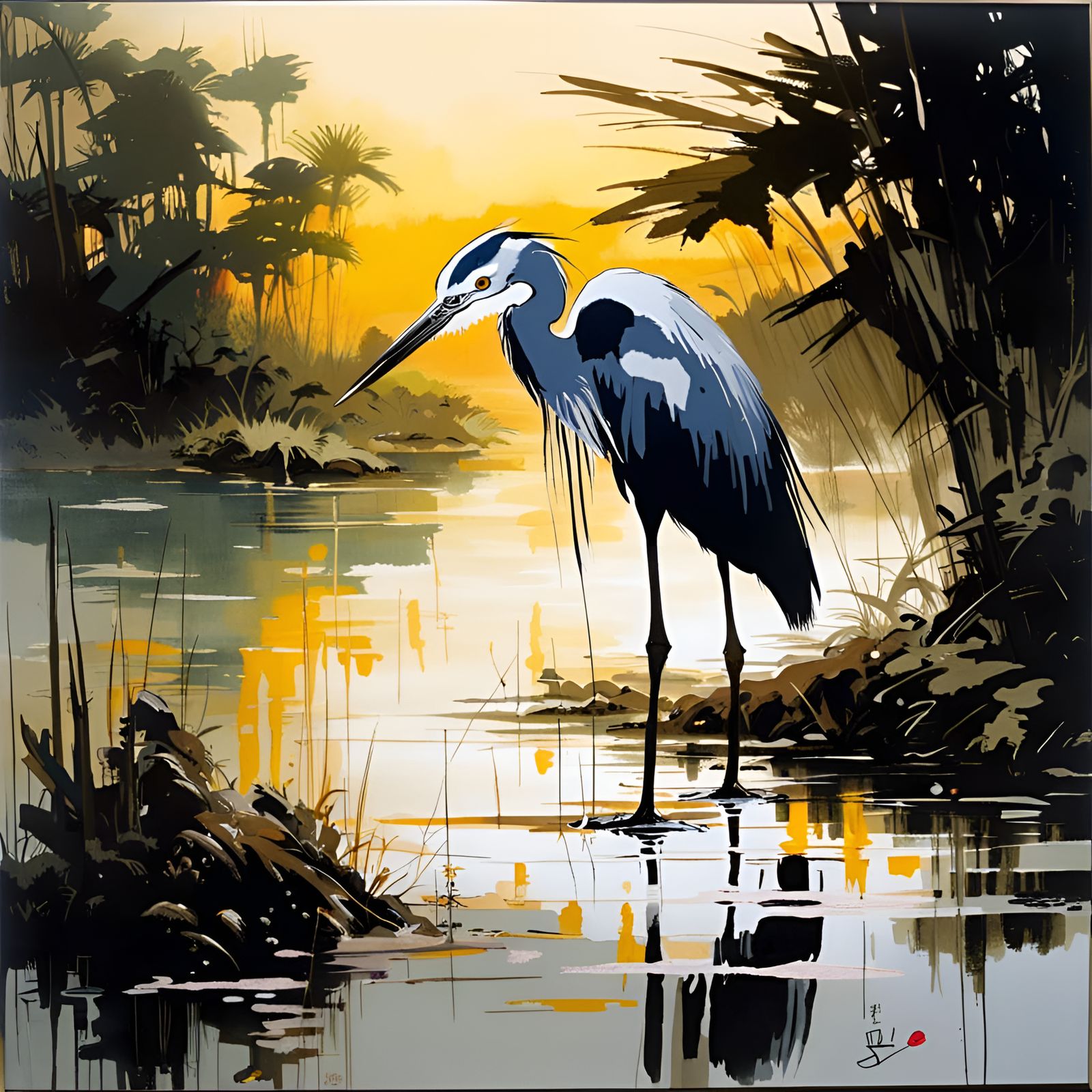 Heron in African Lagoon: Detailed Oil Painting