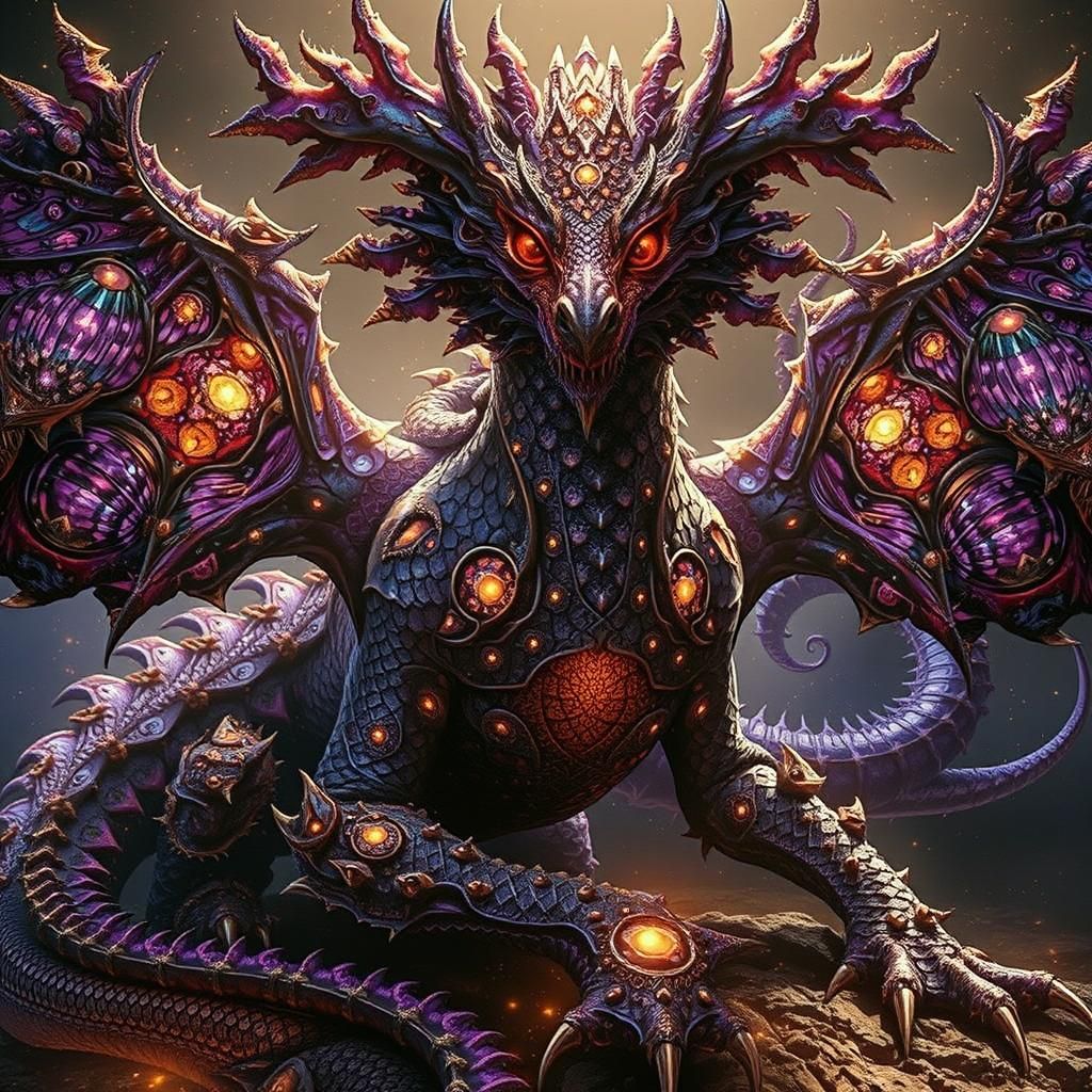 Majestic Fractal Dragon in Plum and Gold Hues
