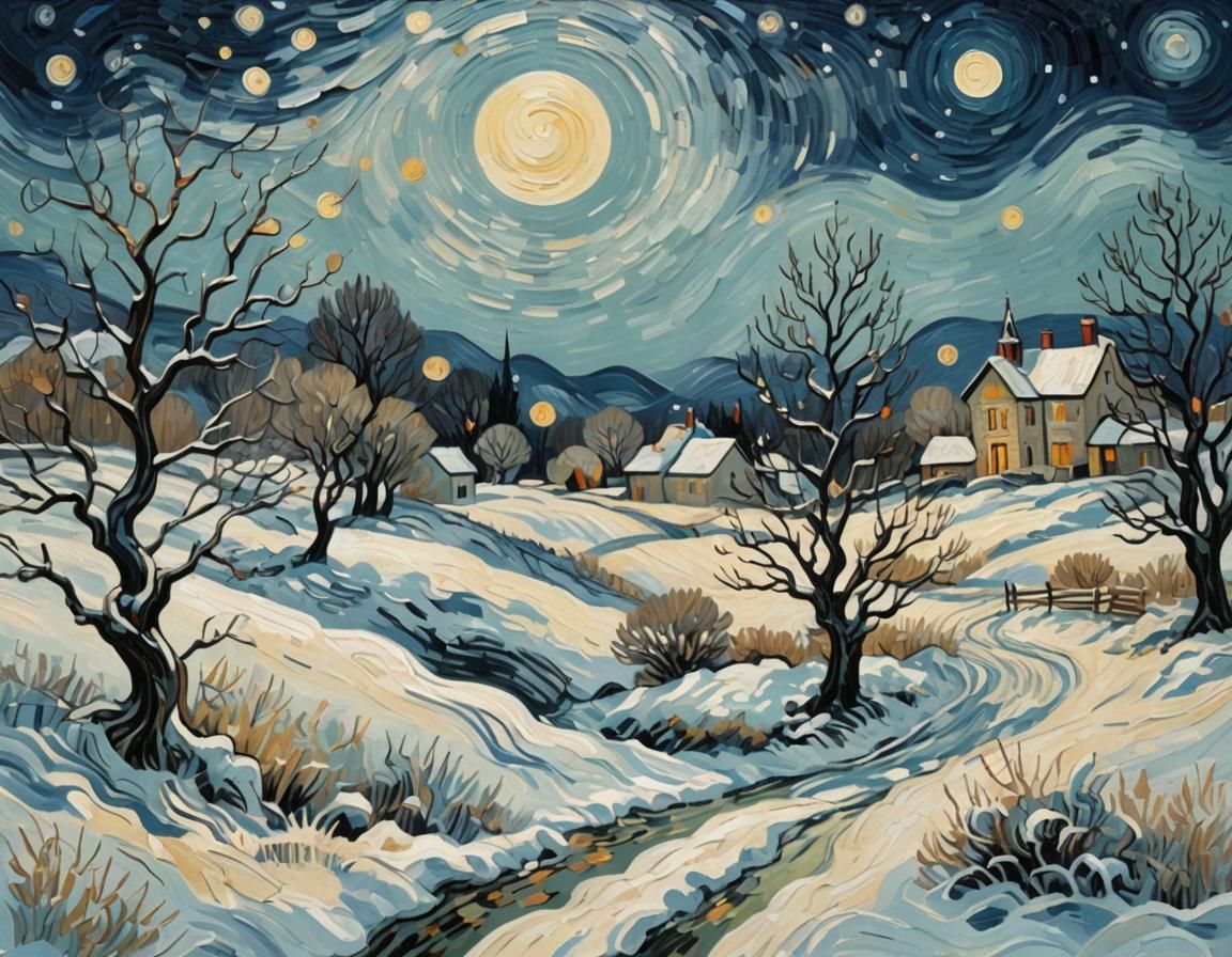 Moonlit Winter Landscape in Post-Impressionistic Style