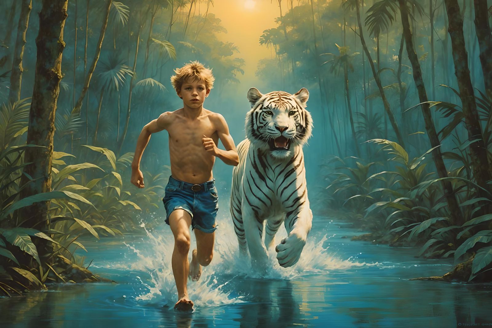 Boy and Tigers in Jungle Dawn, Impressionistic Style