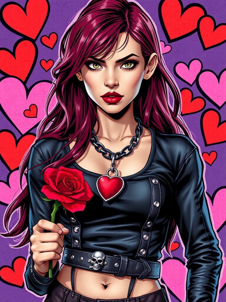 Comic Art of Woman with Red Rose and Leather Bodysuit