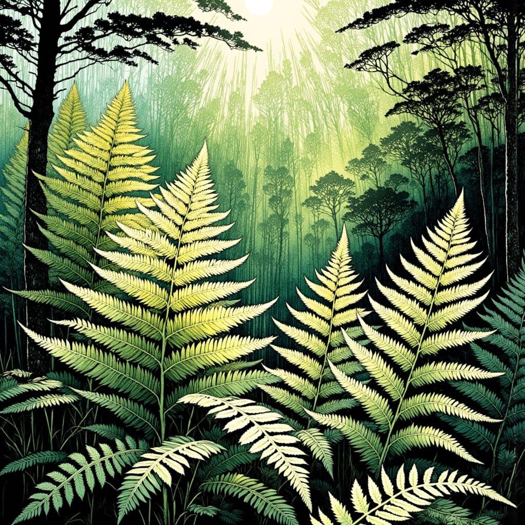 Sunlit Dewdrops on Ferns: Intricate Wood Engraving