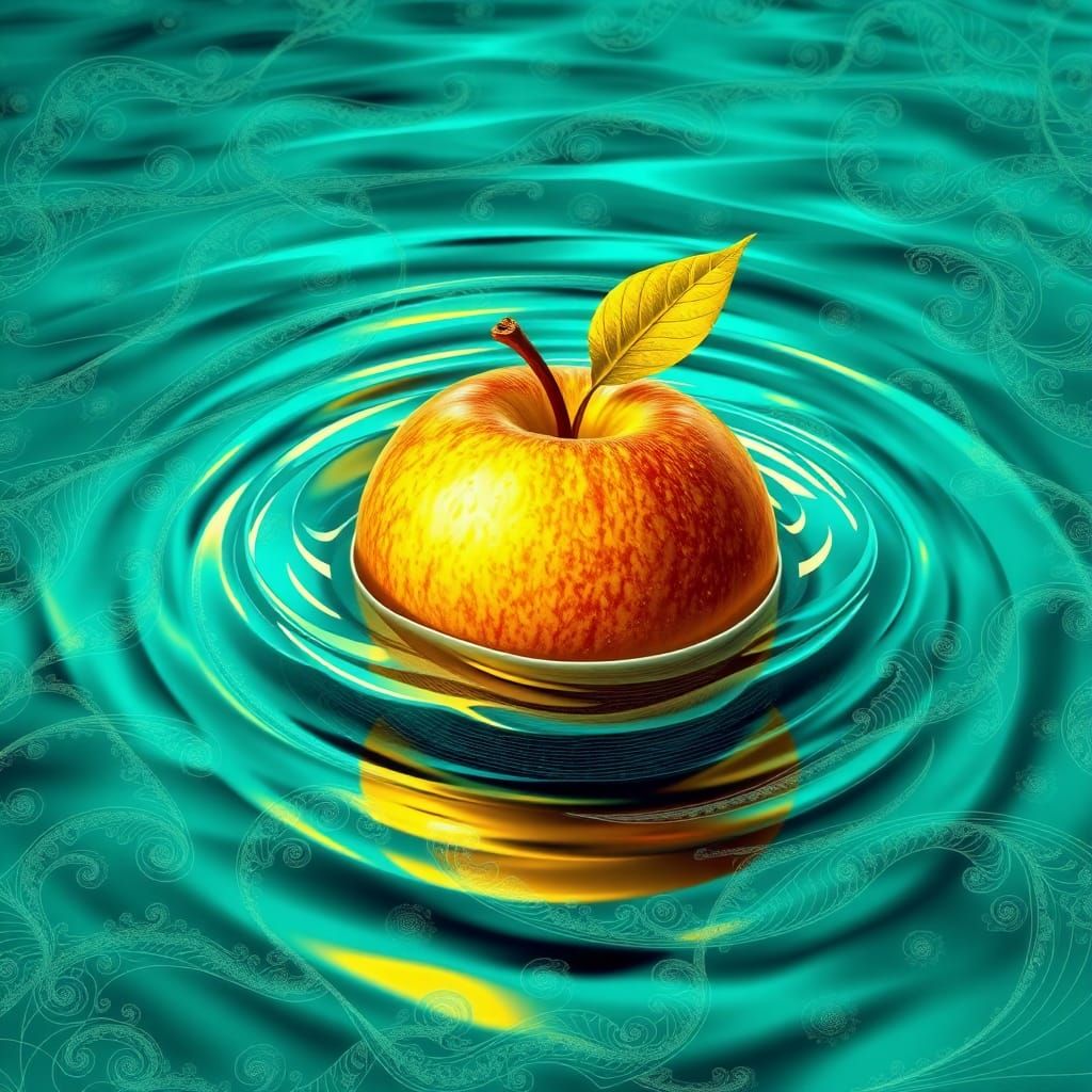 Golden Apple in Turquoise Water with Abstract Patterns