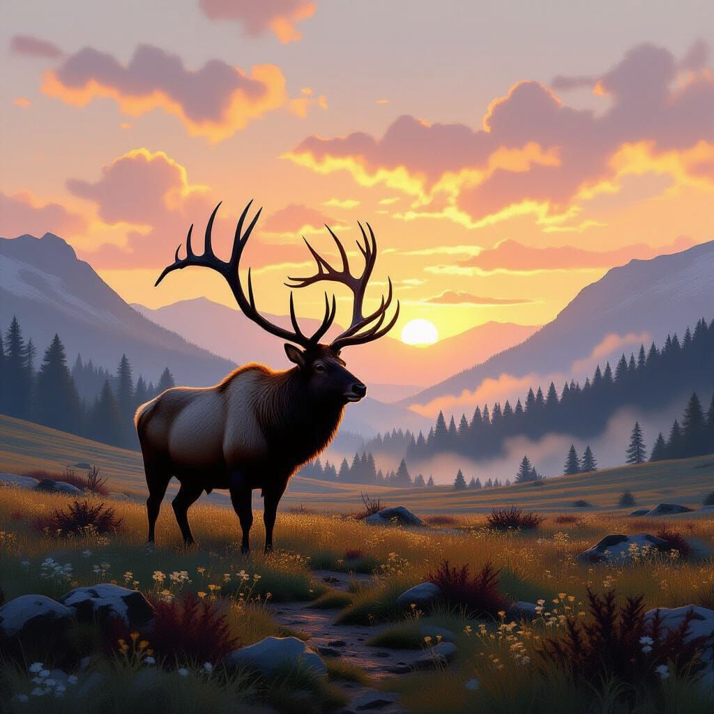 Irish Elk in Misty Prehistoric Meadow