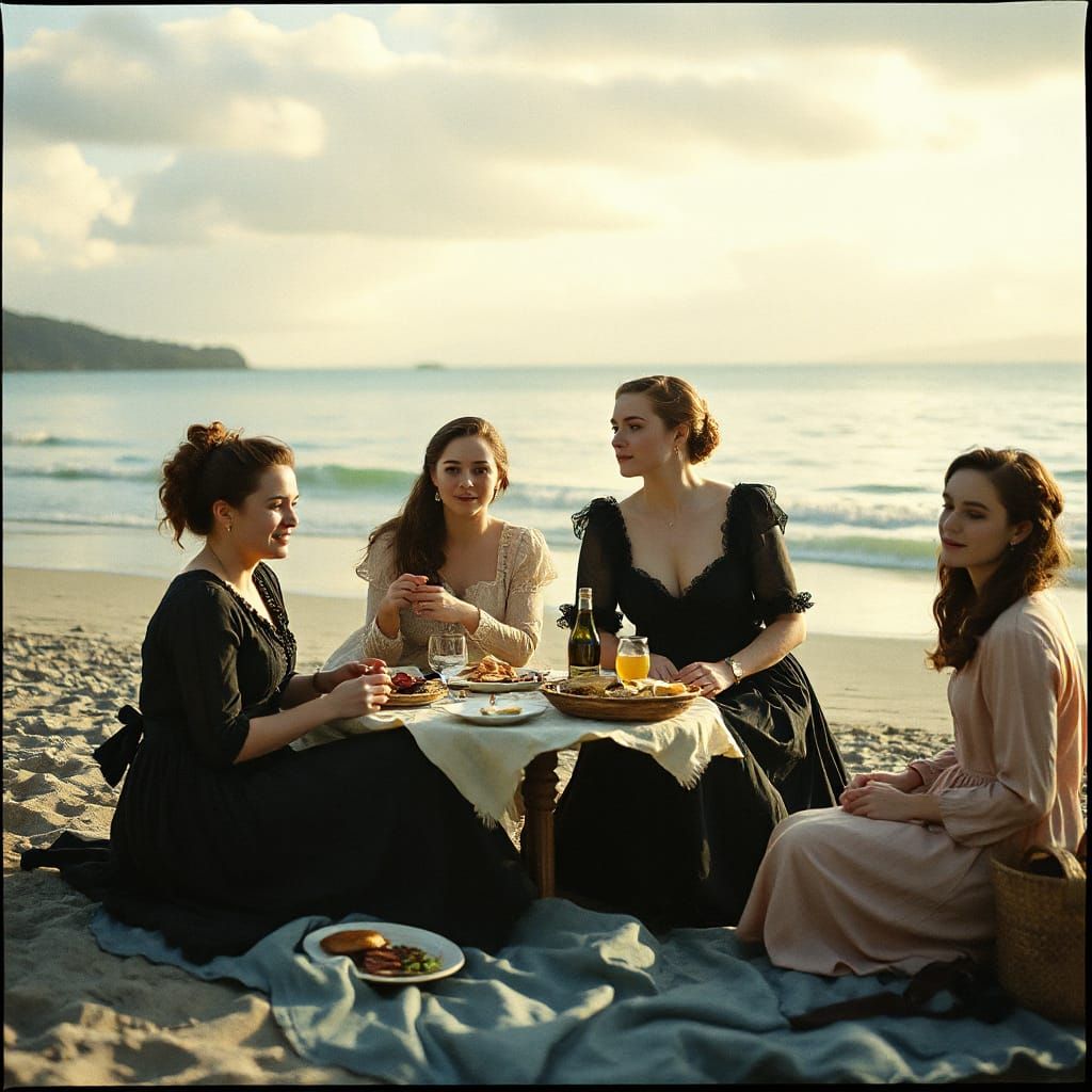 Victorian Women Picnic on Beach Cinematic Film Still