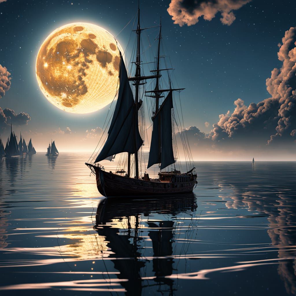 Impressionist Sailboat Under Silver Neon Moon
