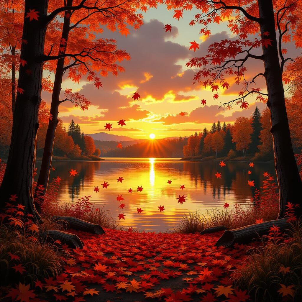 Autumn Forest Sunset Over Serene Lake