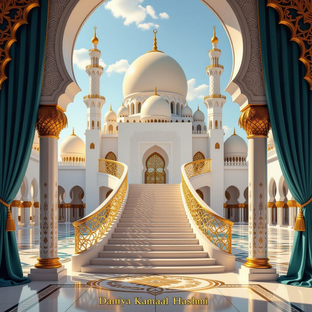 Majestic Mosque with Gold Accents in Arabic Art Style
