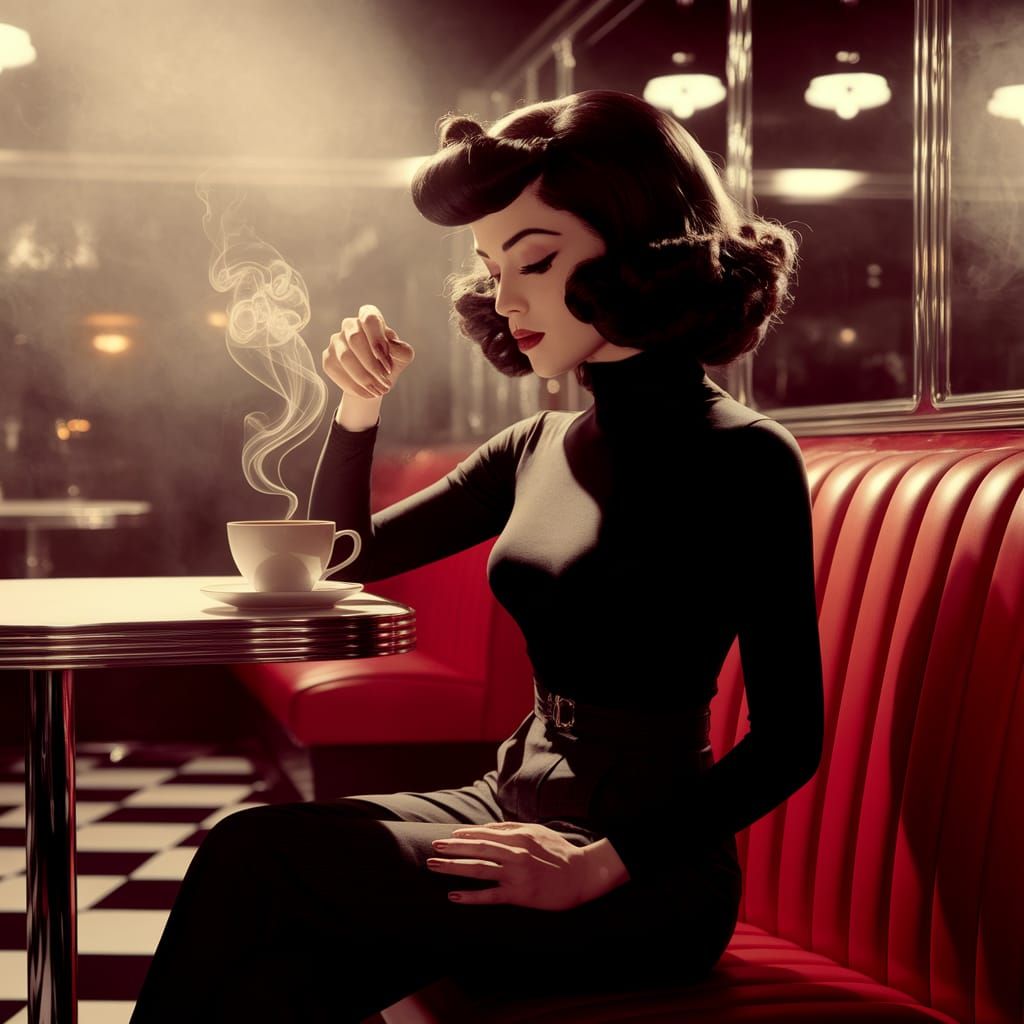 1950s Beatnik Woman in Diner, Vintage Style