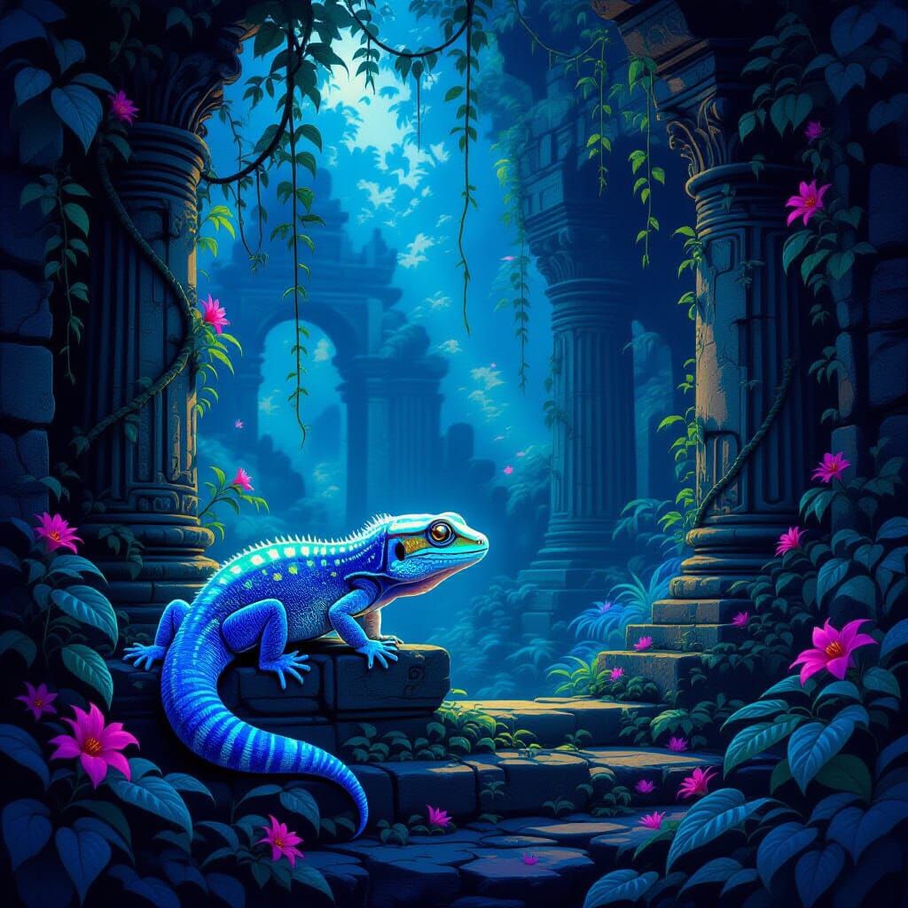 Bioluminescent Gecko Explores Jungle Temple Ruins