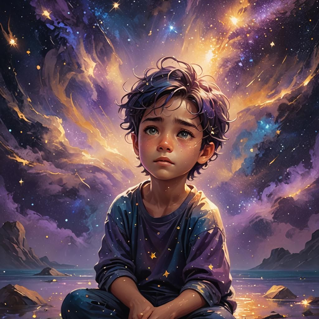 Boy Crying in Starry Sea: Vibrant Oil Painting
