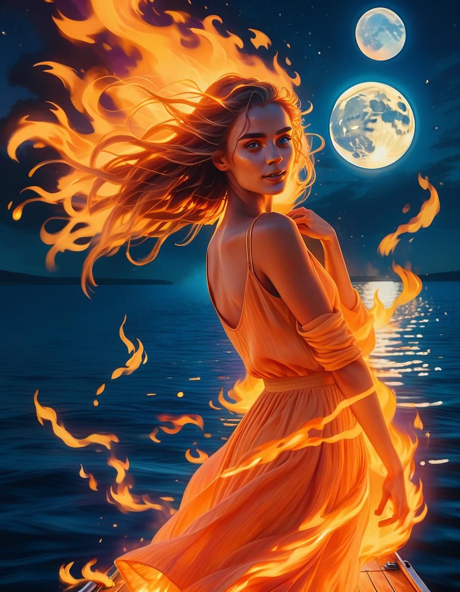 Fiery Dance: Cinematic Portrait of a Woman at Sea