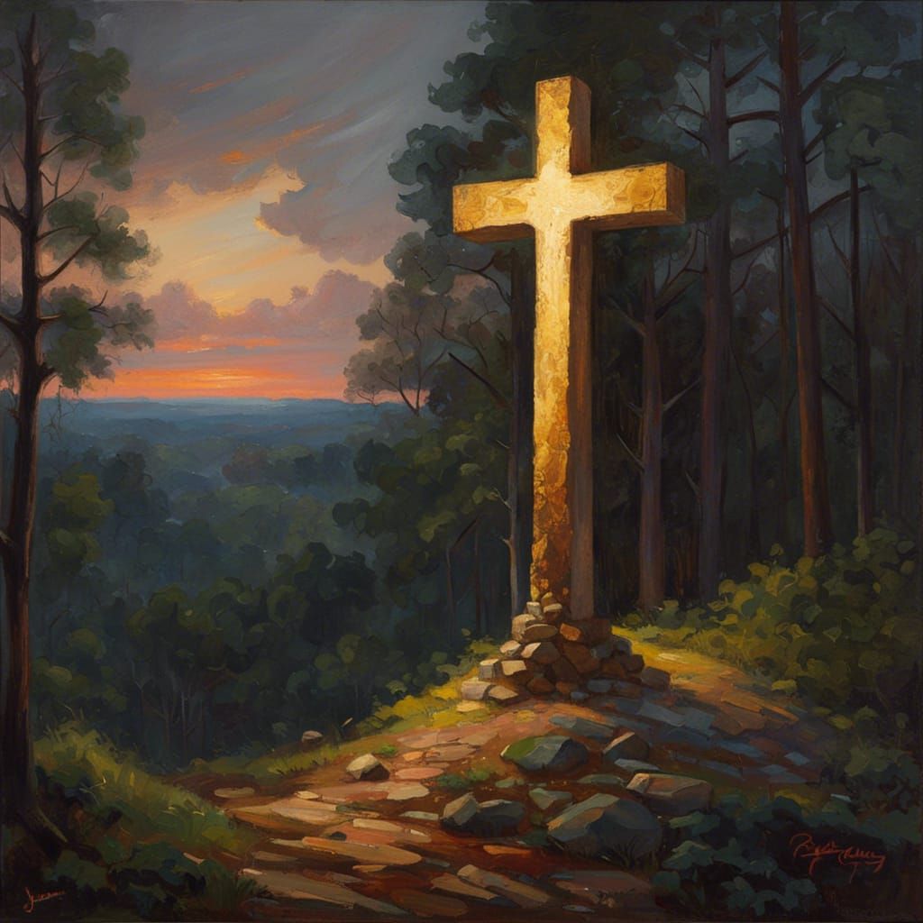 Illuminated Cross in Forest, Oil Painting
