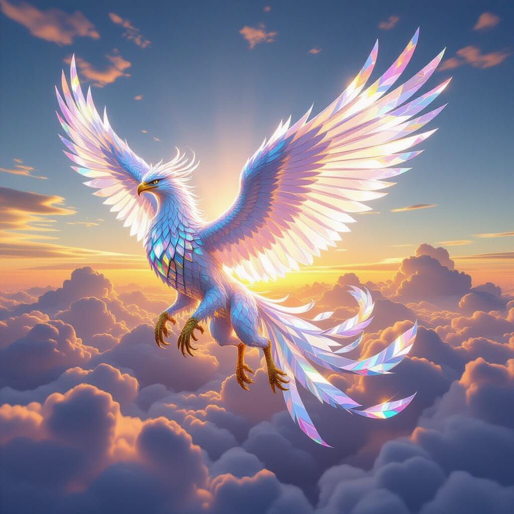 Majestic Diamond Griffin Soars Through Ethereal Clouds