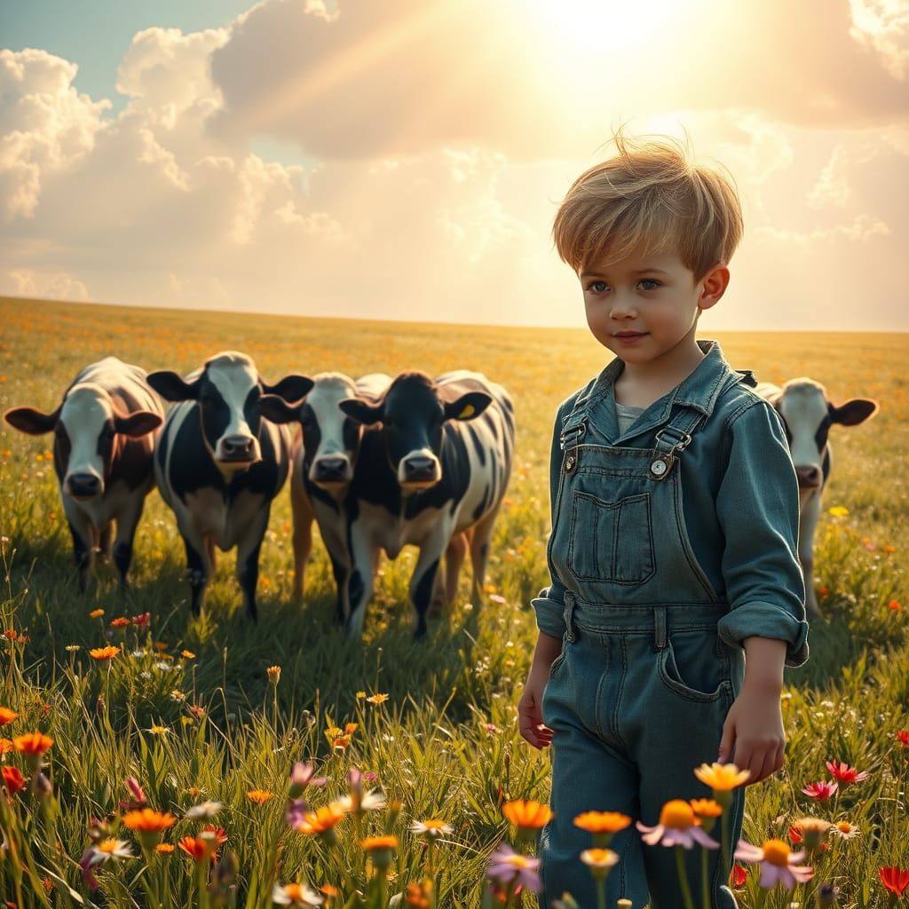 Boy Tending to Cows in a Vibrant Meadow