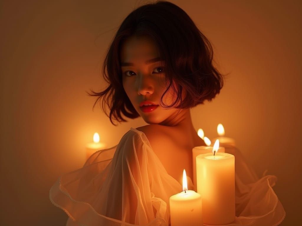 Asian Model in Flowing Fabric Lit by Candlelight