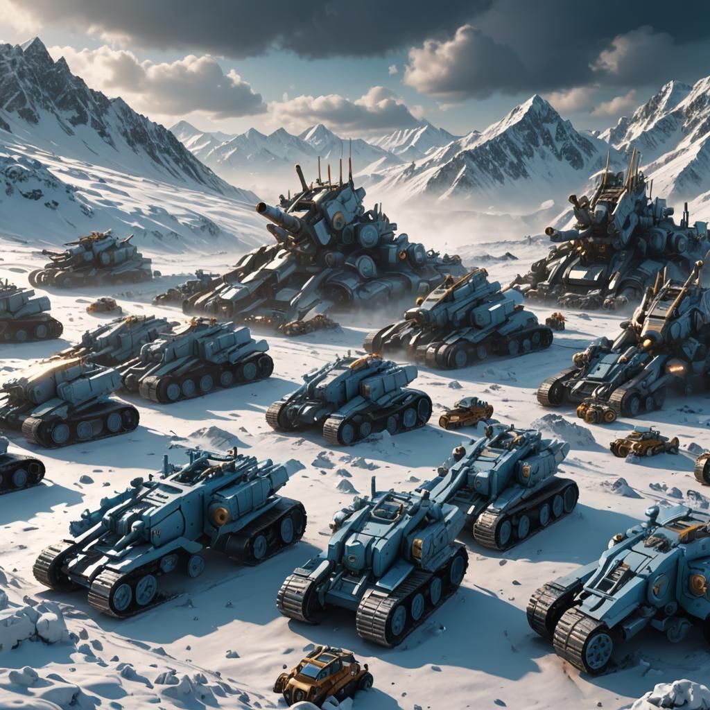 Futuristic Howitzer Army in Snowy Mountains
