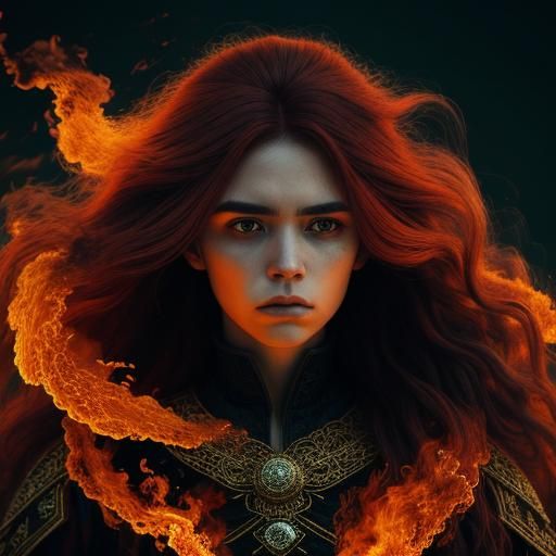 Fiery Haired Woman: Hyperrealistic Digital Art
