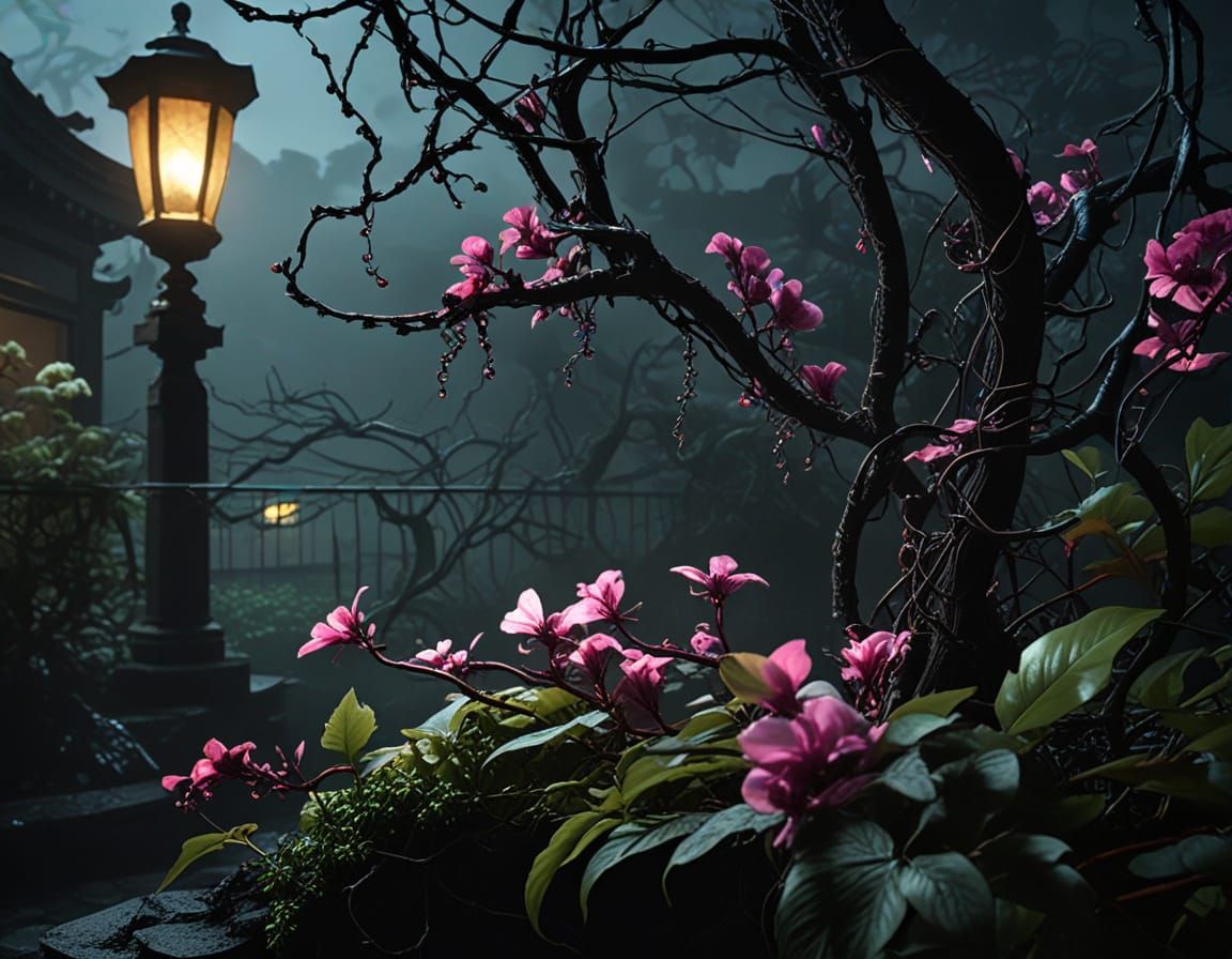 Eerie Dark Fantasy Garden with Glowing Flowers