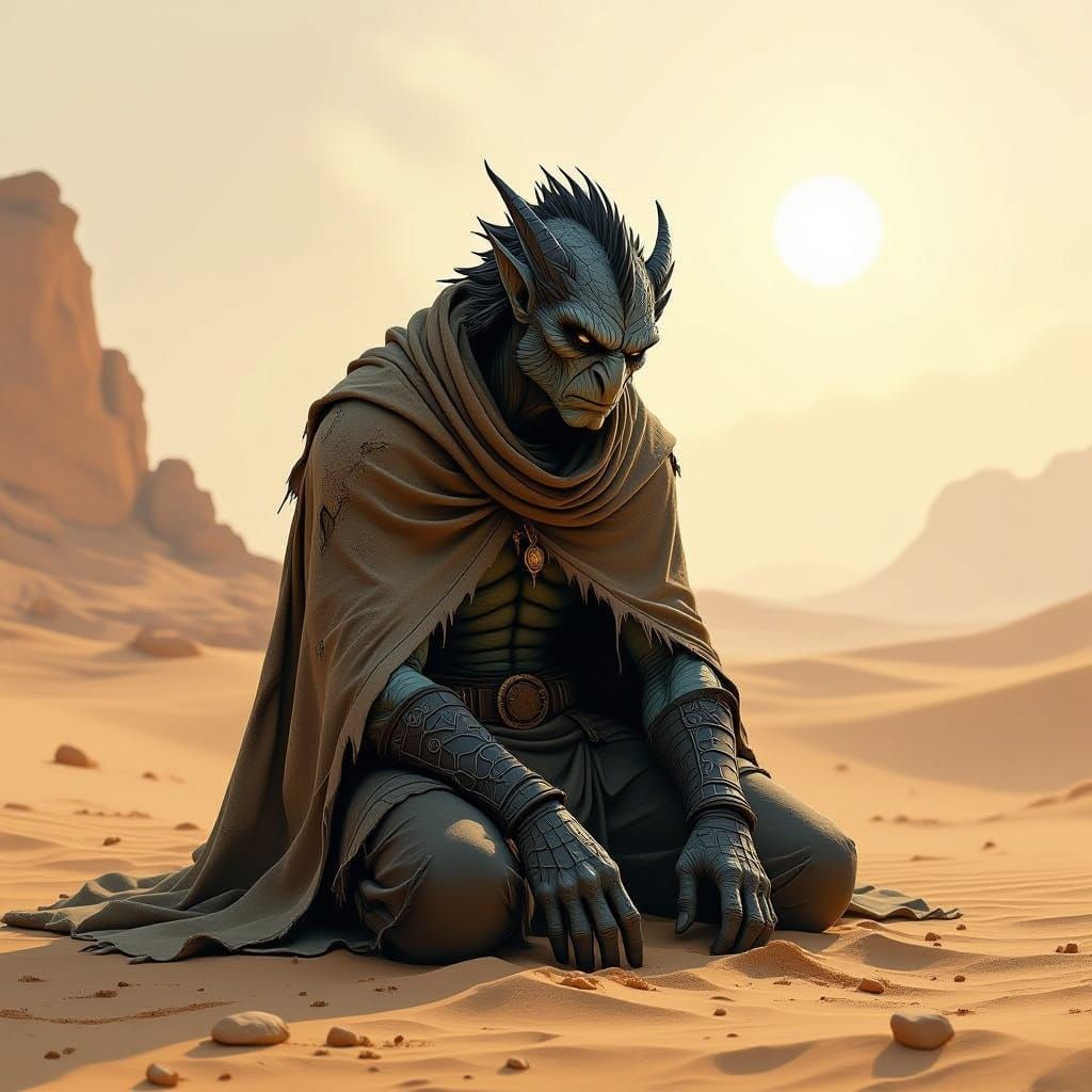 Old Dragonborn Kneels at Dried Desert Oasis in Painterly Sty...