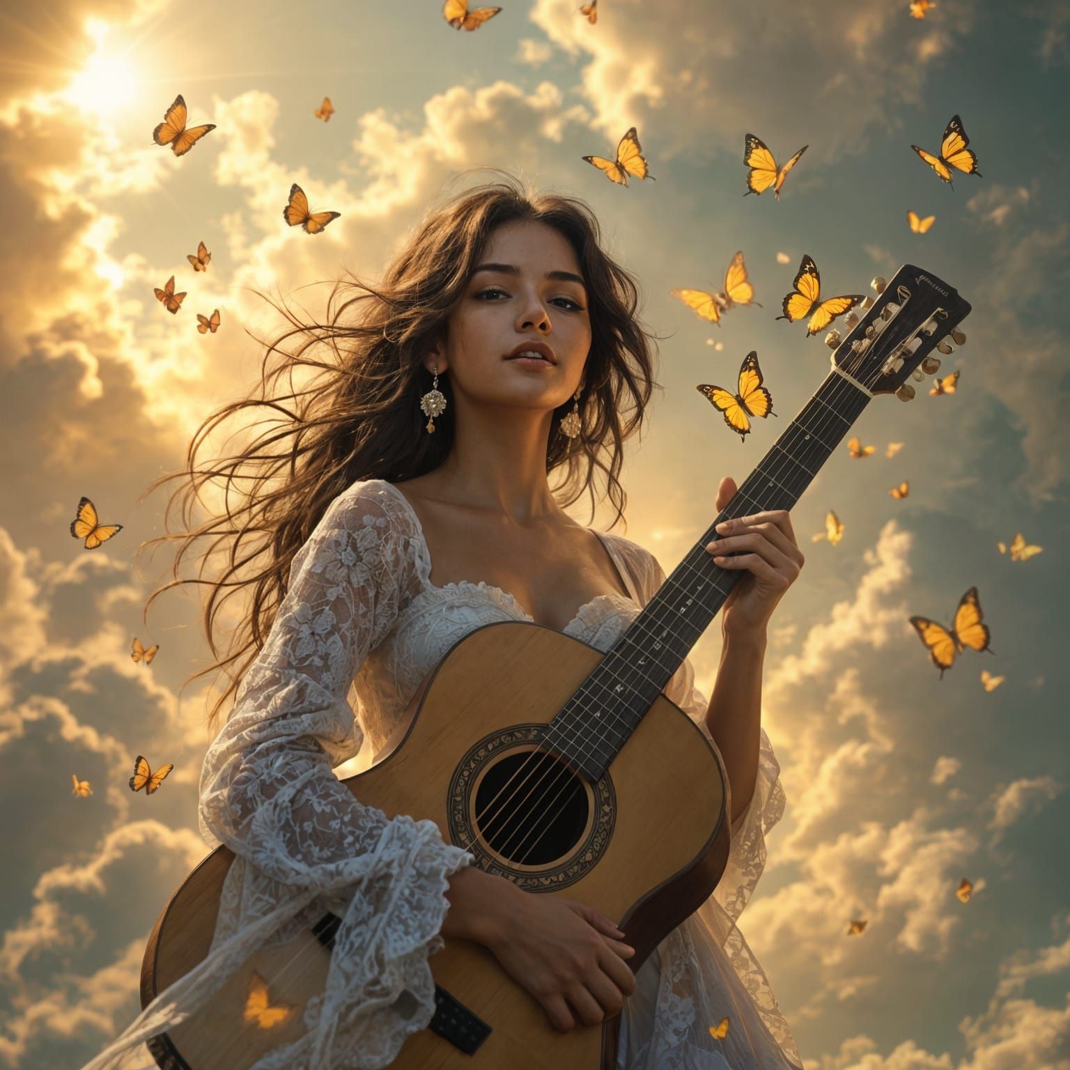 Surreal Hispanic Woman Plays Acoustic Guitar Under Divine Su...