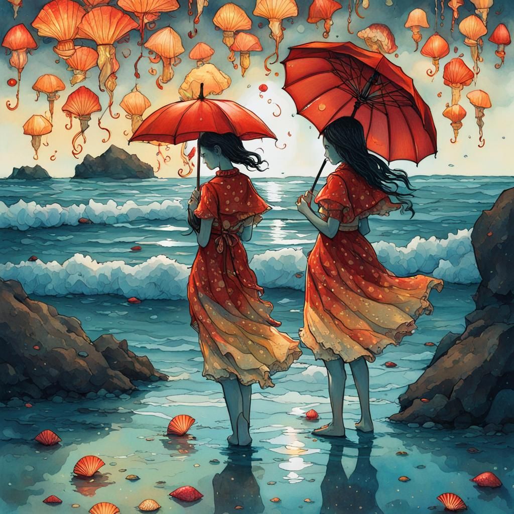 Whimsical Beachside Portrait in Gouache Style