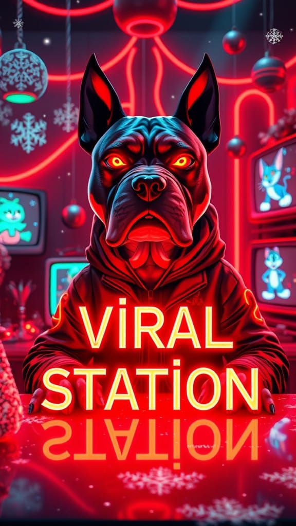 Cyberpunk Holiday Scene with Glowing Dog Mascot