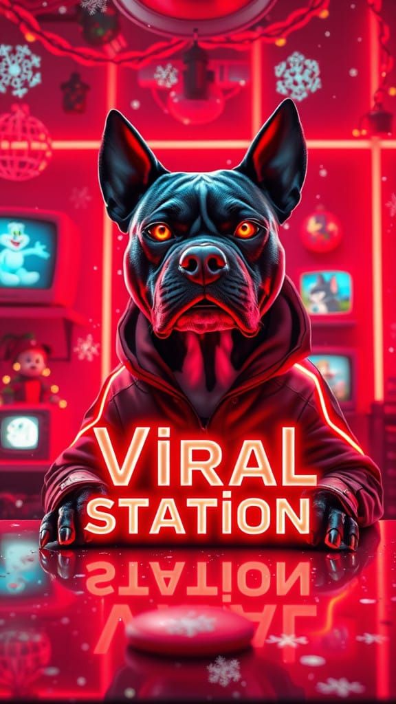 Cyberpunk Dog in Neon Holiday Wonderland