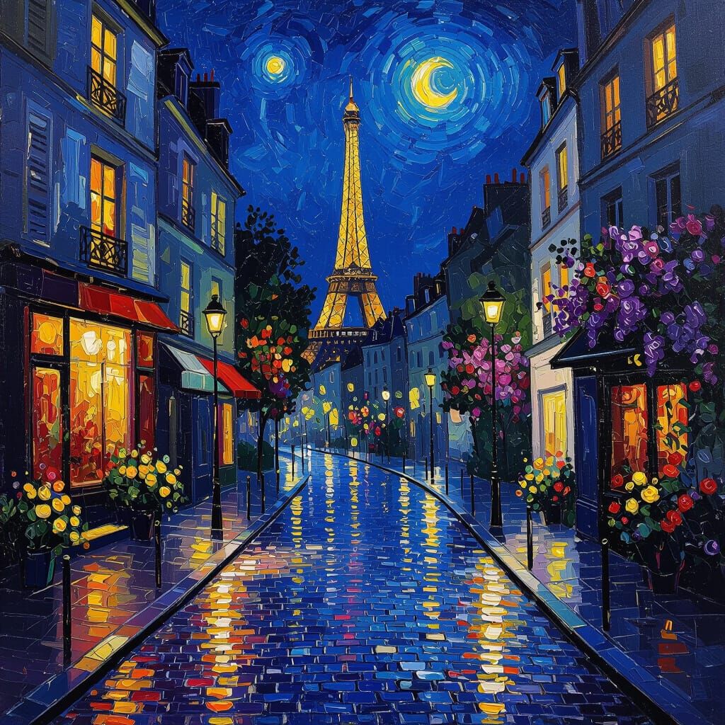 Parisian Street at Night in Van Gogh Style