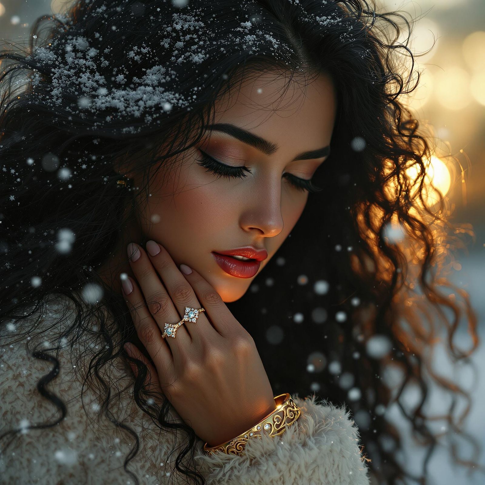 Melancholic Woman in Snowy Dawn, with Flowing Black Hair and...