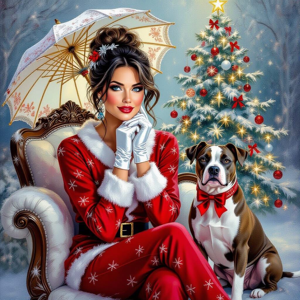 Victorian Christmas Scene with Woman and Dog