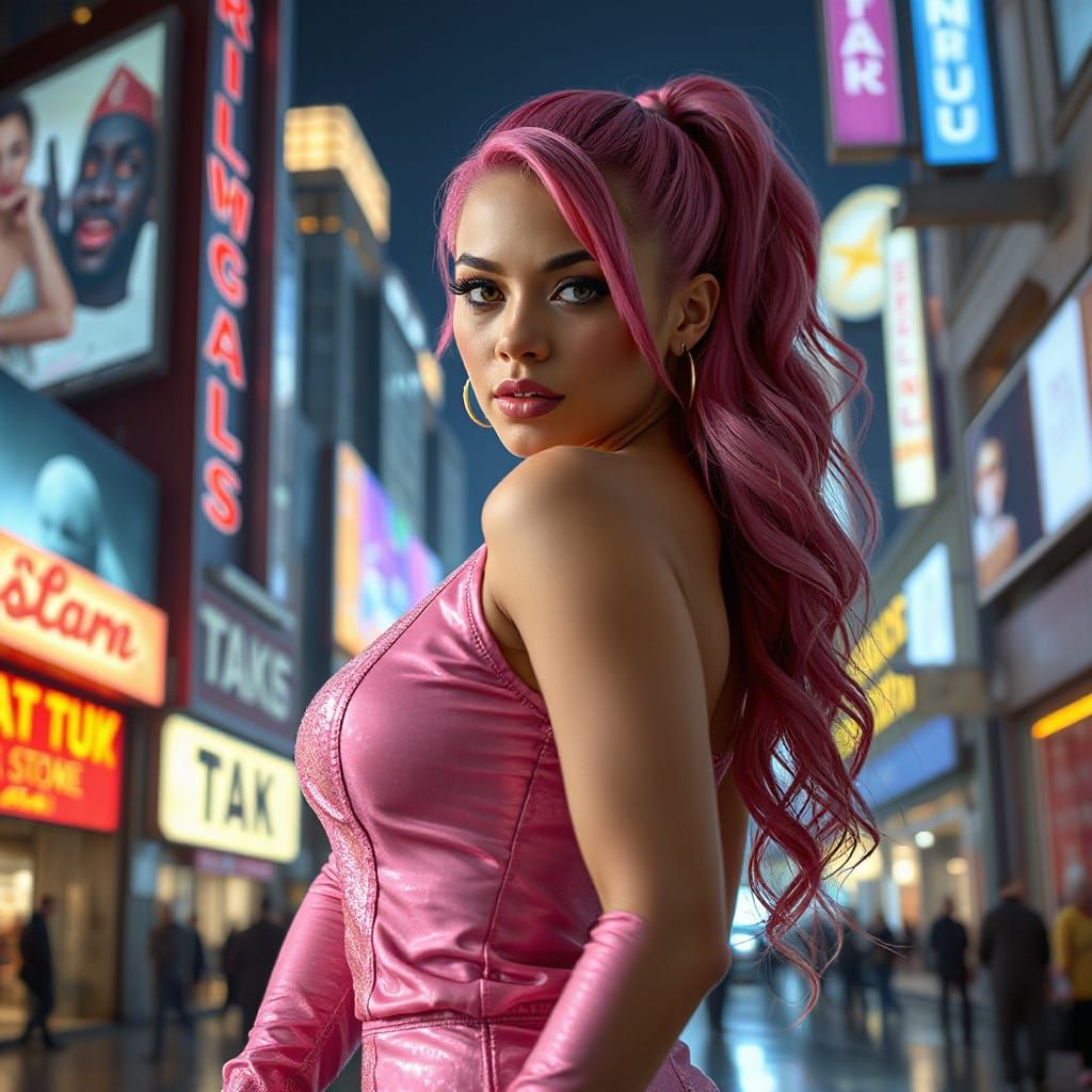 Pink-Haired Woman in Art Nouveau Metropolis