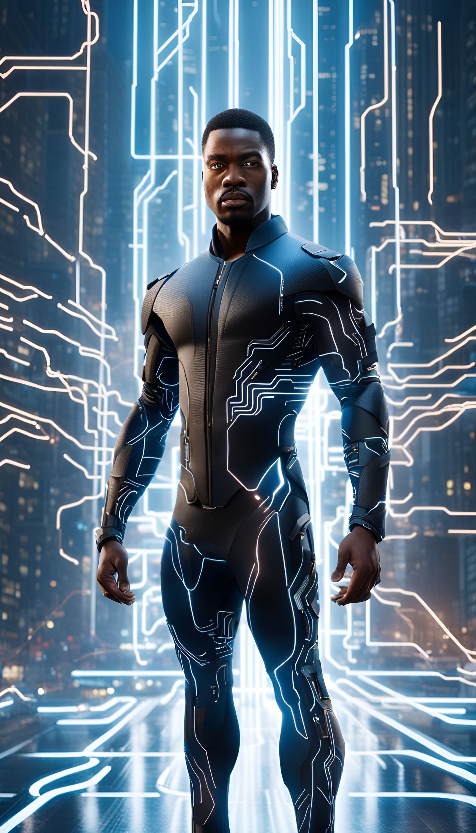 Heroic Black Man in Futuristic Tech Suit