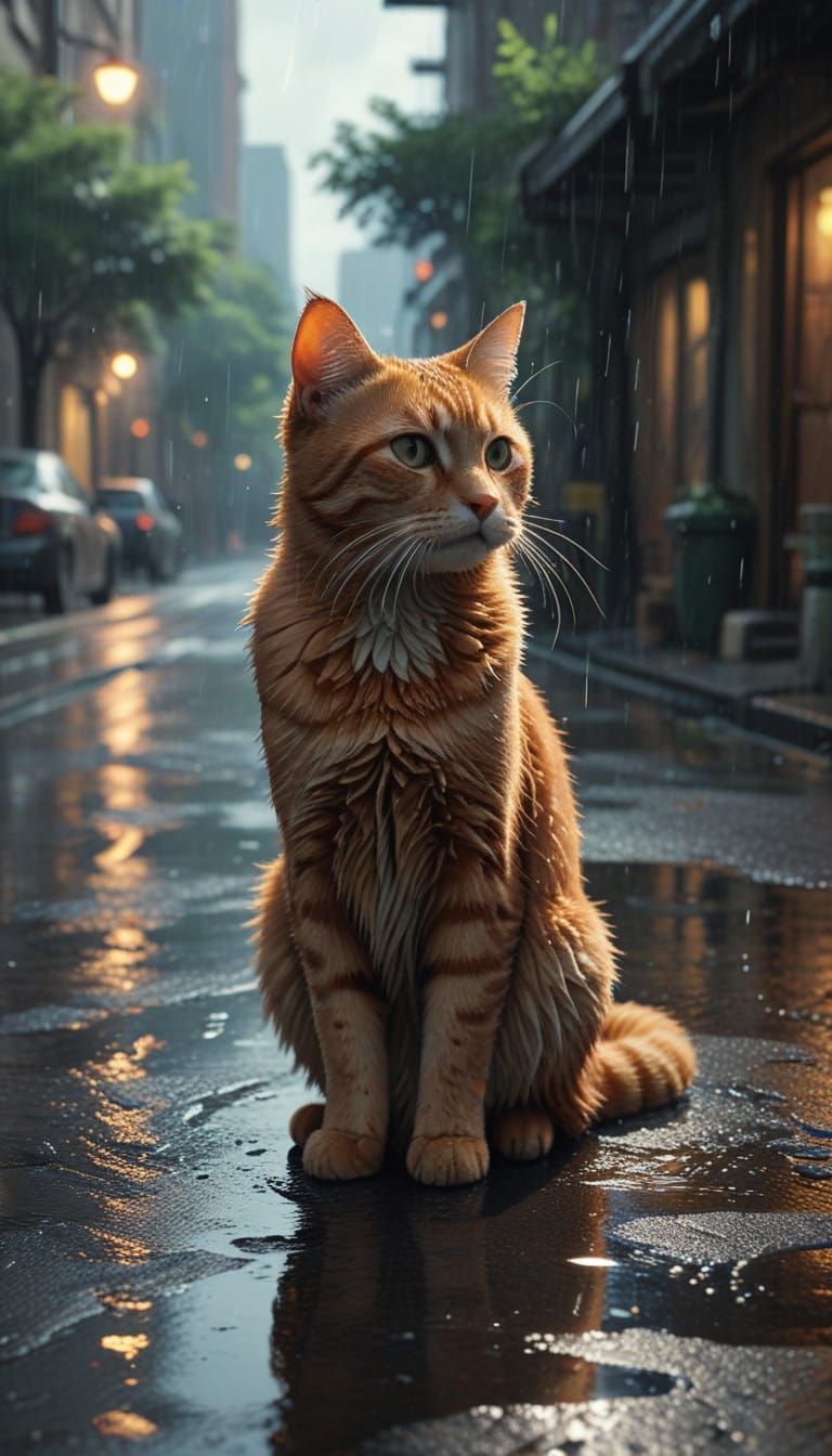 Misty Morning Feline Encounter in Whimsical Anime Style