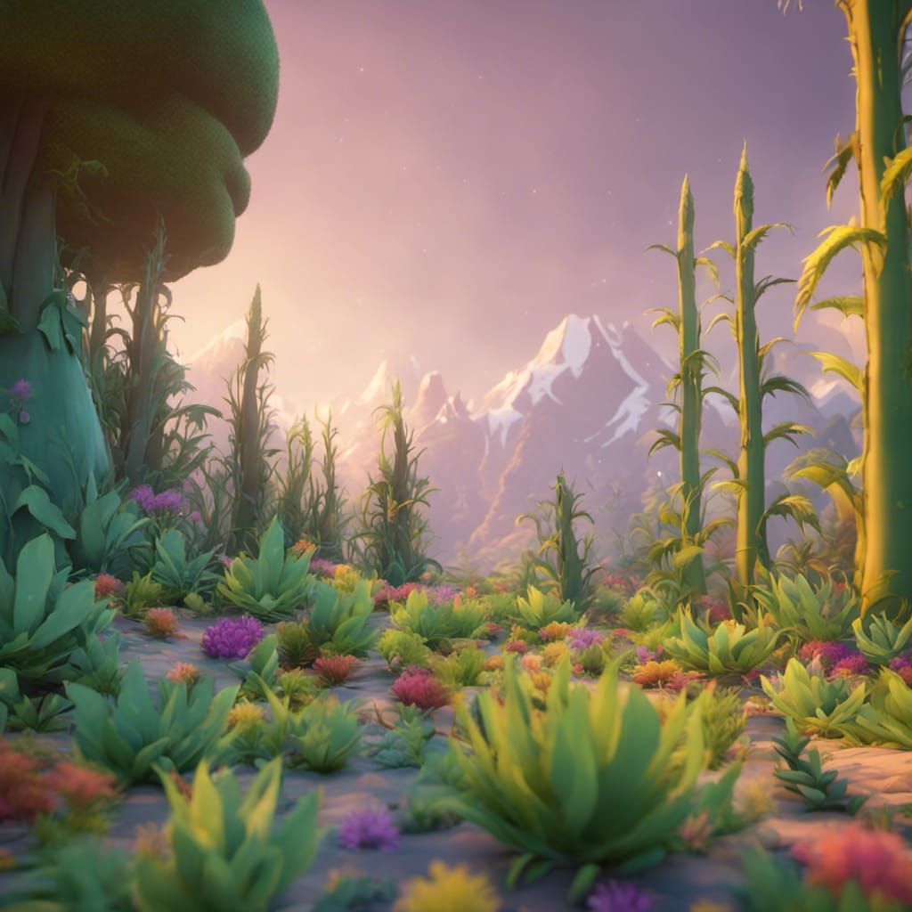 Cartoon Weed Farm with Mountain Backdrop in 3D
