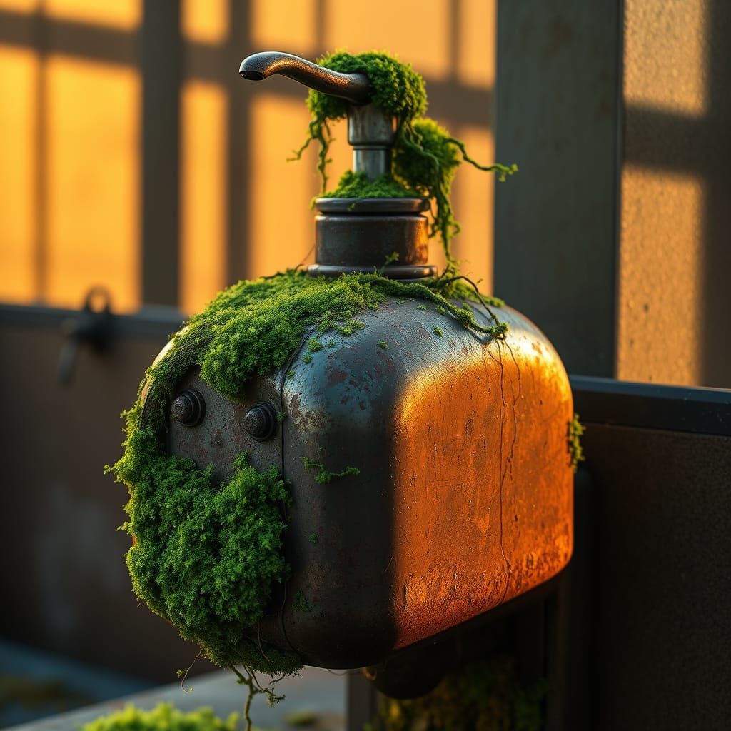Abandoned Soap Dispenser Overgrown with Emerald Moss