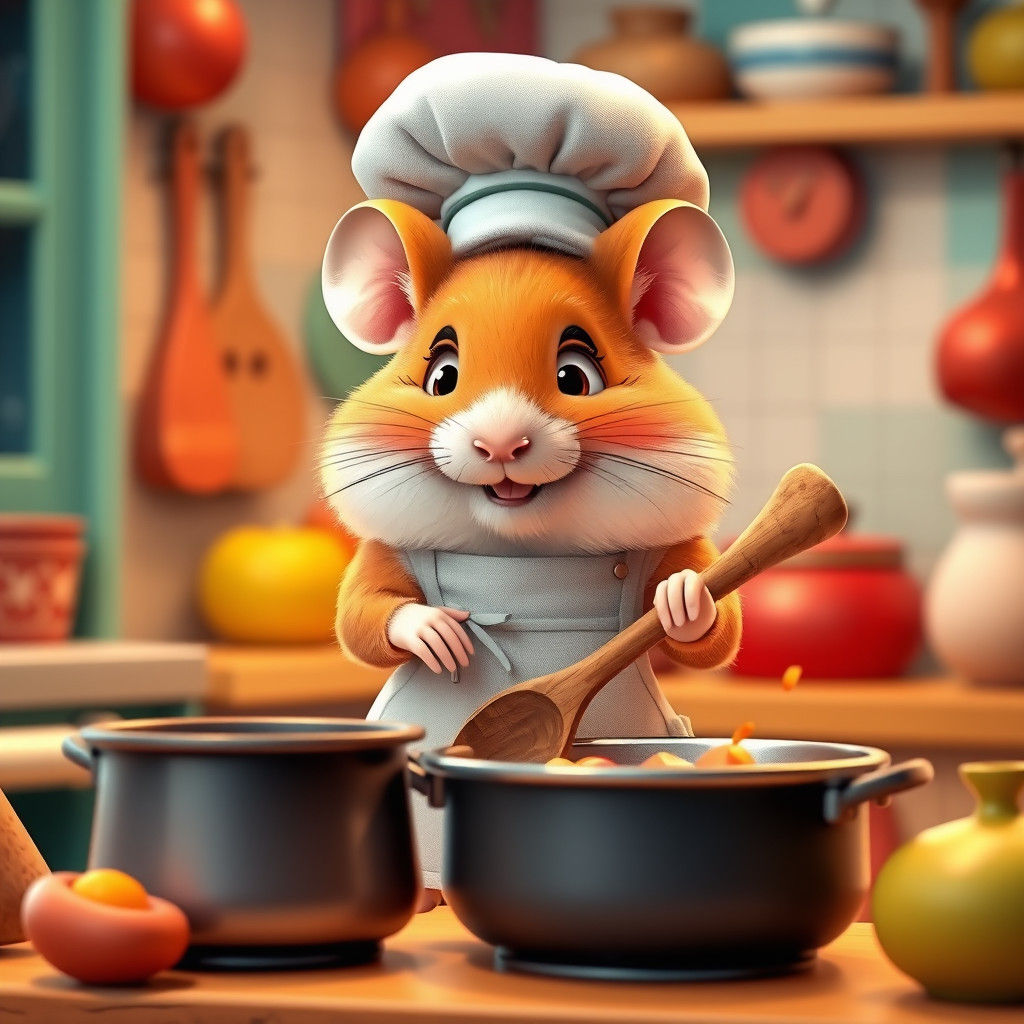 Adorable Hamster Chef Cooking in Pixar-Inspired Kitchen