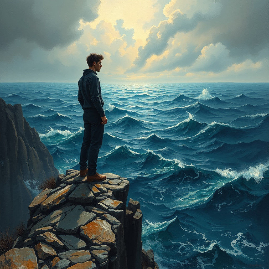 Figure Gazing at Stormy Sea in Expressive Style