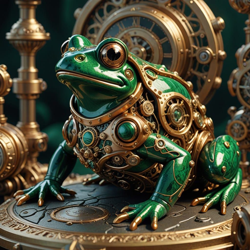 Steampunk Malachite Frog Sculpture in Intricate Gold and Cop...