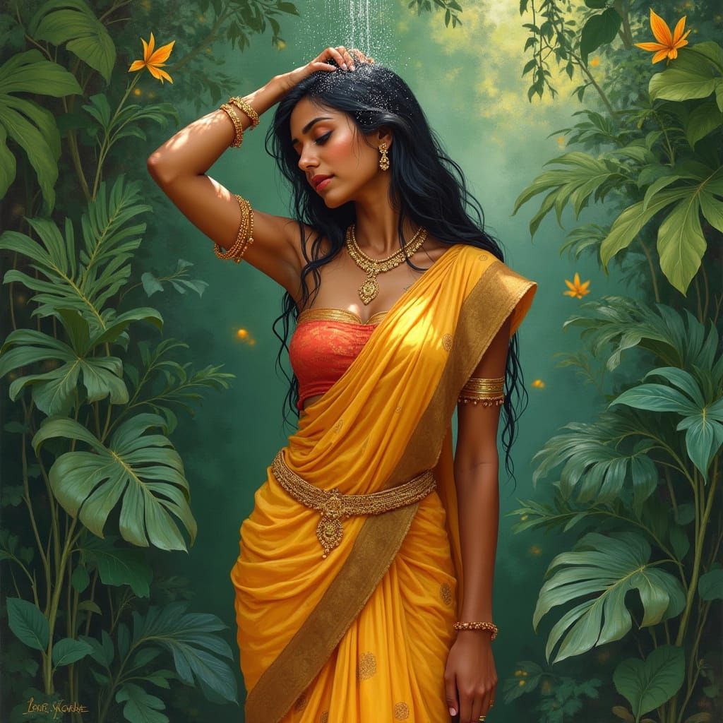 Indian Woman Showering in Lush Garden, Classical Style