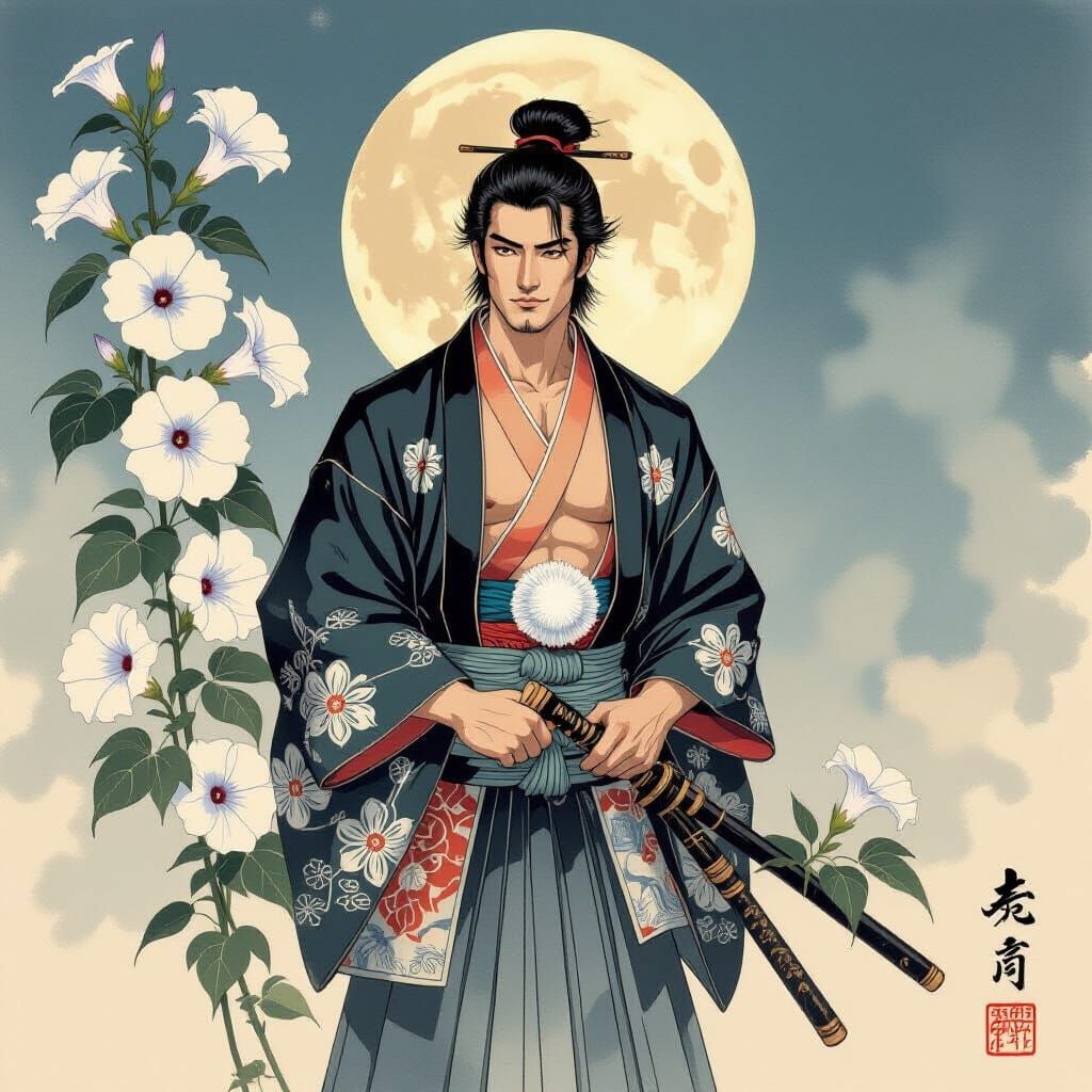 Japanese Man Among Morning Glories in Ukiyo-e Style