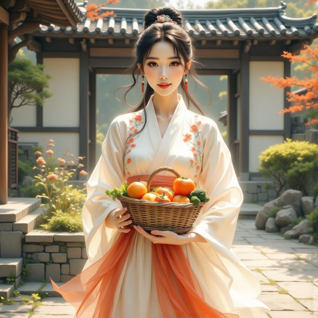 Asian Woman in Hanfu with Vegetables in Impasto