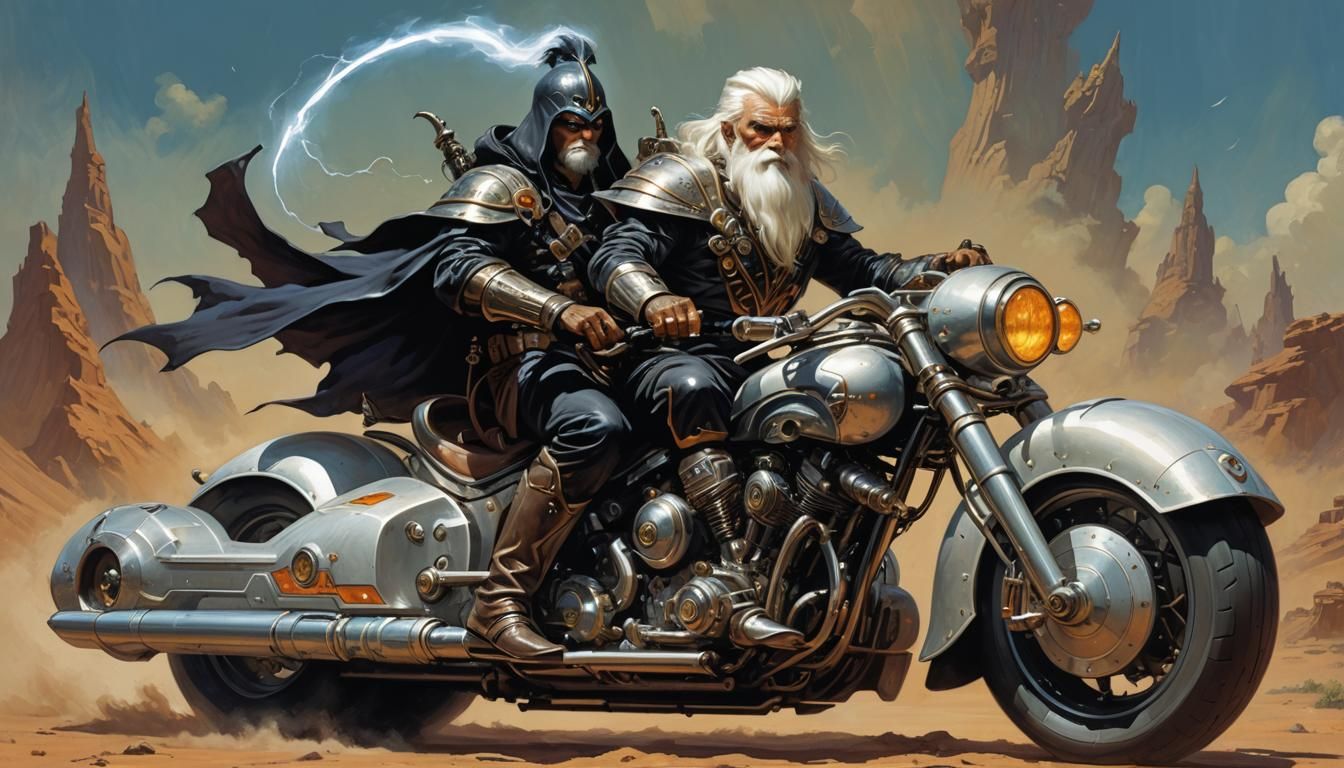 Wizard on Motorcycle in Fantasy Art Style
