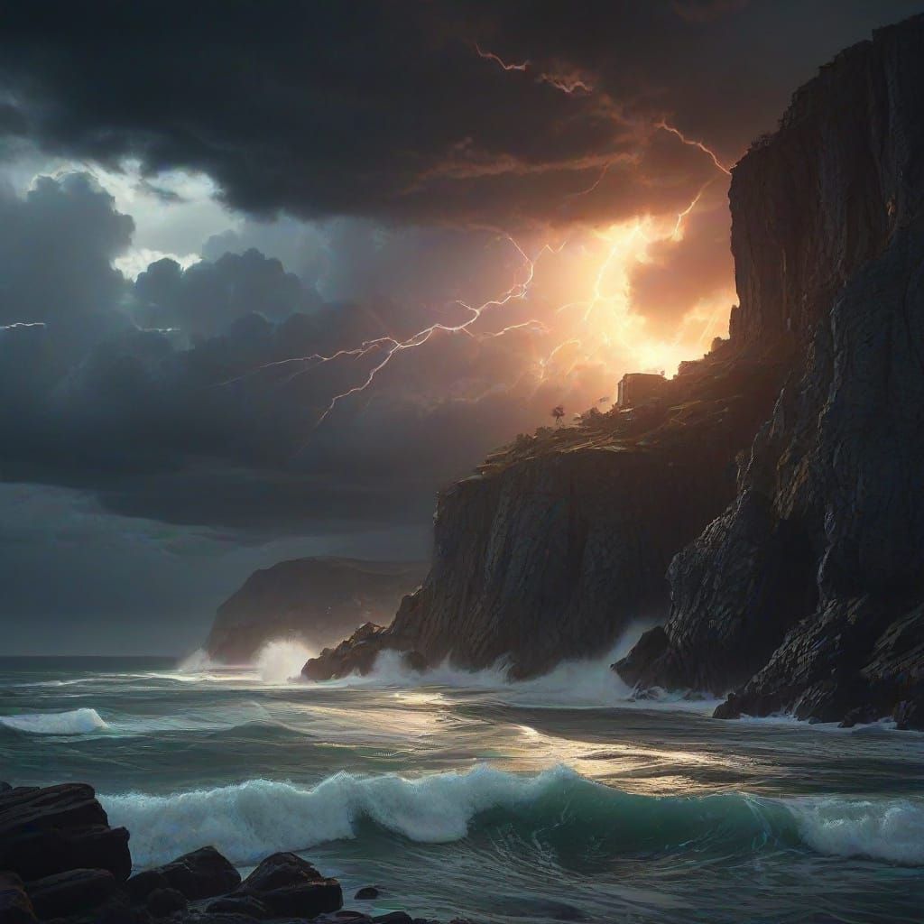 Dramatic Coastal Storm with Lightning and Abbey Glow