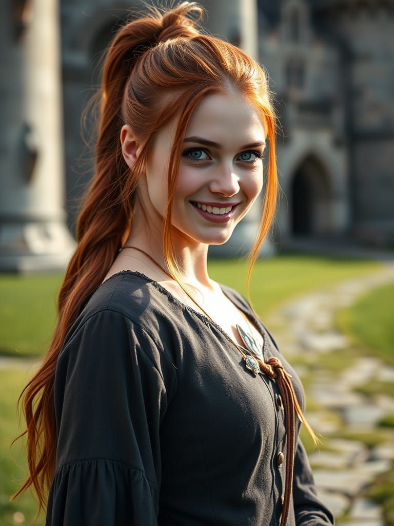 Royal Princess in Archery Attire Outside Castle Walls