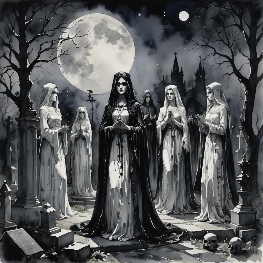 Gothic Priestesses Ceremony: Impressionist Watercolor Painti...