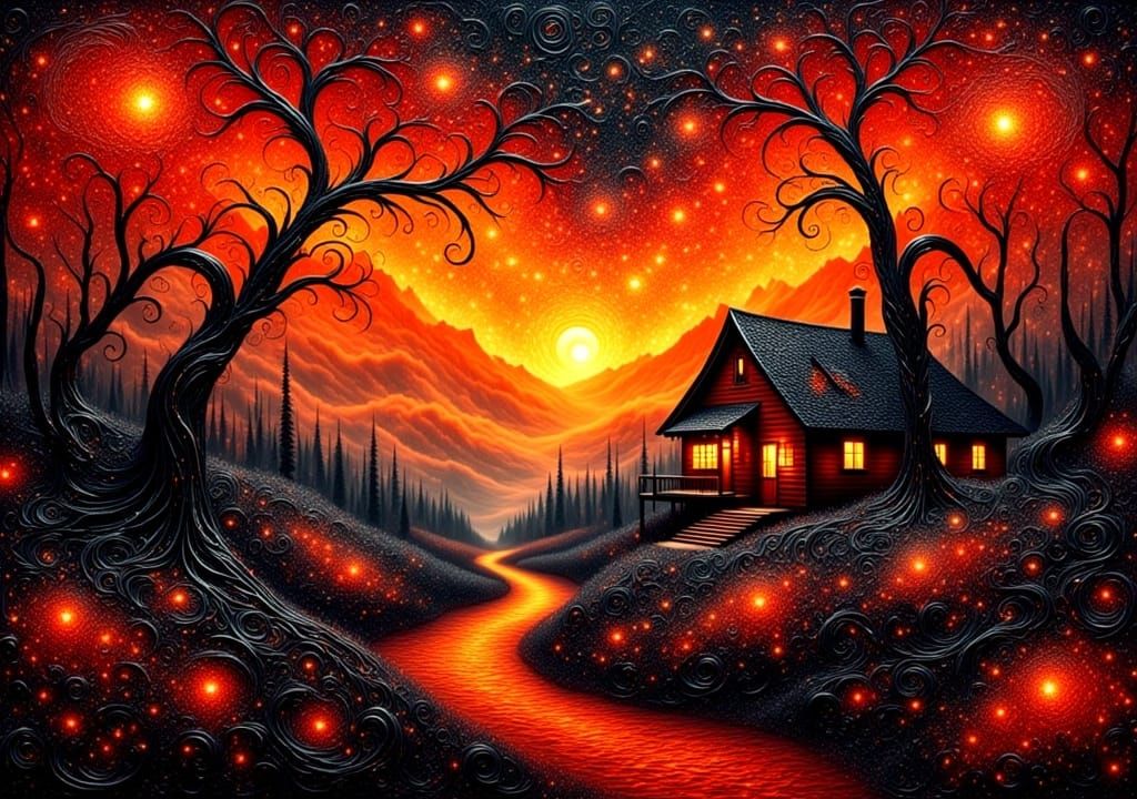 Fantasy Landscape with Swirling Textures in Watercolor Style