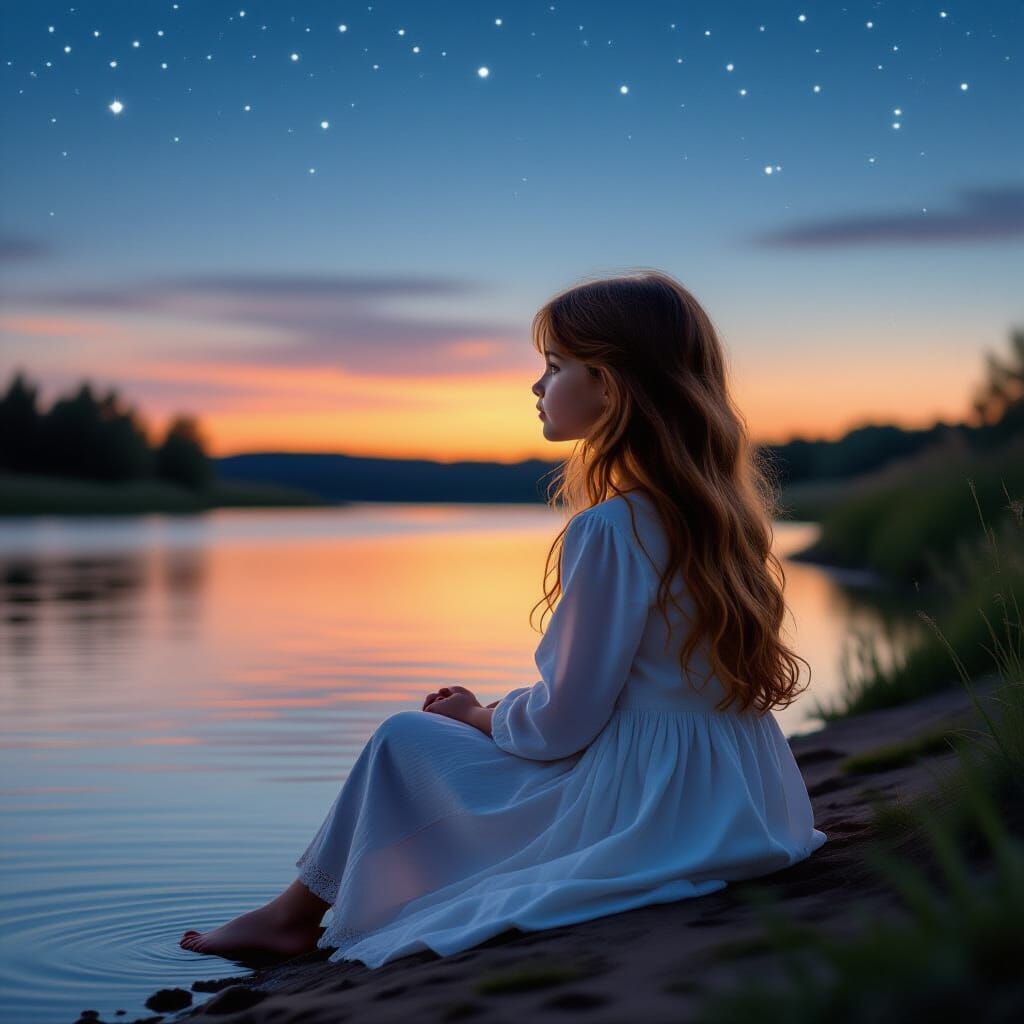 Girl by Riverbank in Ethereal Photorealistic Style